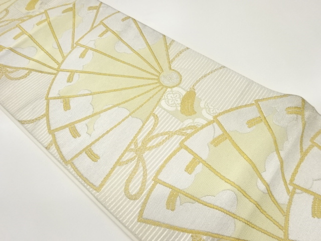 川島織物製　檜扇に雲模様織出し袋帯